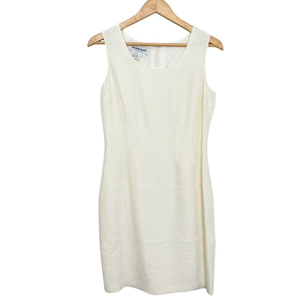 100% Silk VTG Clubhouse Essentials Ivory Textured Jacquard Sheath‎ Dress Sz 8